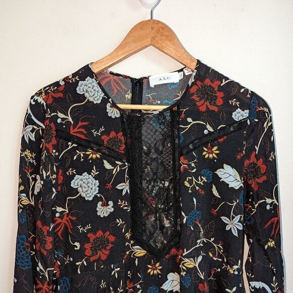 REVOLVE / A.L.C. Dark Floral Cynthia Silk Flowy High-Low Mini Dress Size 4 - Picture 5 of 14
